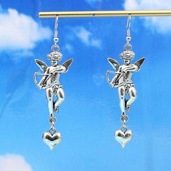 Pair of cupid, dangle drop earrings, heart, love, arrow, silver - Picture 1 of 2